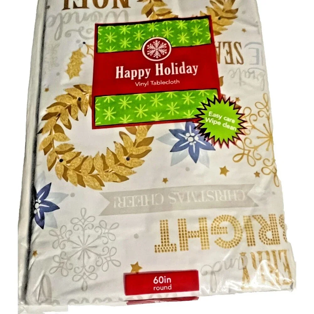 Christmas Holiday Cheers White Gold Noel Vinyl Tablecloth Flannel Backed 60